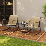 Aiho Outdoor Rocking Chairs Set of 3 with Breathable Textilene, Outdoor Patio Furniture Set with Tempered Glass Table, For Patio, Outdoor Garden, Lawns, Balcony, Backyard, Porch and Poolside-Brown