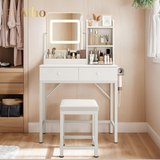 Aiho Makeup Vanity Desk with Vanity Stool, Storage Drawers and 3 Shelves, Vanity Desk with Square Mirror and Adjustable Lights, For Bedroom, Bathroom, Living Room and Closet Room-White