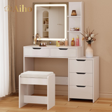 Aiho Vanity Set with Square Mirror and 3 Colors Adjustabe Lights, Makeup Vanity Desk with 5 Drawers, 3 Shelves and Vanity Stool, For Bedroom, Bathroom, Living Room and Closet Room-White