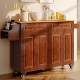 Kitchen Island with Storage, Mobile Kitchen Island Side Table on Wheels with Rubber Wood Drop-leaf Countertop , Side Rack and Drawer and for Kitchen,Dining Room - Brown