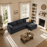 Asofer 110" Sectional Sofa with Ottoman, 3-Seater Convertible Corduroy Cloud Couch With Pillows for Small Space, Living Room Furniture, Dark gray