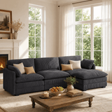 Asofer 110" Sectional Sofa with Ottoman, 3-Seater Convertible Corduroy Cloud Couch With Pillows for Small Space, Living Room Furniture, Dark gray