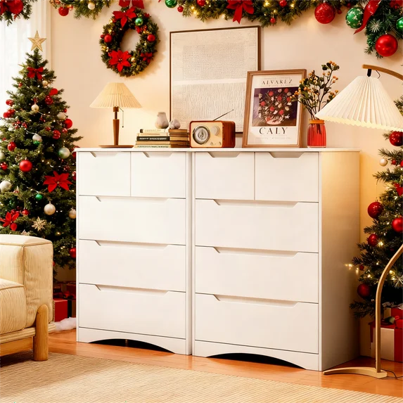 Lofka 2-Pack White 5-Drawer Dresser Storage, Built-in Handles for Safety, Modern Chest for Bedroom & Living Room, Ideal for Holiday Decor Storage