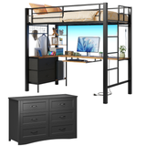 Lofka 2-Piece Bedroom Furniture Set – Includes a Back-to-School Loft Bed Frame with Desk for Small Rooms & 6-Drawer Dresser for Dorm Room, Black