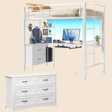 Lofka 2-Piece Bedroom Furniture Set – Includes a Back-to-School Loft Bed Frame with Desk for Small Rooms & 6-Drawer Dresser for Dorm Room, White