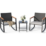 Lofka 3-Piece Outdoor Rocking Bistro Set with Anti-Scald Arms - Patio Wicker Furniture Set,Includes Glass Table & Weatherproof Cushions for Yard|Deck|Poolside (Gray)