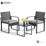 Lofka 3-Piece Patio Chairs Set with Glass Coffee Table, Outdoor Furniture Set for Garden, Porch, Bistro, Yard, Gray Cushion