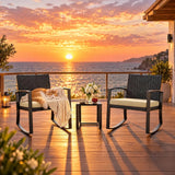 Lofka 3-Piece Patio Furniture Set, Wicker Outdoor Rocking Chairs Bistro Set with Glass Side Table for Porch, Beige Cushions