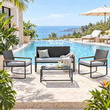 Lofka 4-Piece Outdoor Patio Furniture Set, Wicker Conversation Set with 2 Rocking Chairs and Glass Coffee Table for Balcony and Porch, Gray Cushions