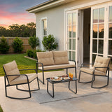 Lofka 4 Piece Patio Conversation Set with 2 Rocking Chairs, Loveseat and Tempered Glass Coffee Table, Water-Resistant Beige Cushions, Black Frame