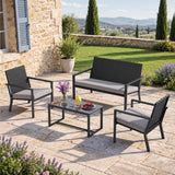 Lofka 4-Piece Patio Furniture Set with Waterproof Cushions, Outdoor PE Wicker Conversation Set with Loveseat, 2 Armchairs and Tempered Glass Coffee Table, Gray
