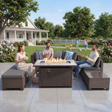 Lofka 6-Piece Outdoor Sofas, Outdoor Patio Furniture Set with Gas Fire Pit Table, 3-Seat Wicker Sofa, Chair, 2 Ottomans and Glass-Top Coffee Table, Gray