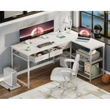 Lofka 66 Inch L Shaped Computer Desk with Drawers£¬Office Desk with Power Outlets & 2 * Storage Shelves, Movable CPU Stand for Home Office Bedroom, Gray Desk