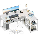 Lofka 66 Inch L Shaped Computer Desk with Drawers£¬Office Desk with Power Outlets & 2 * Storage Shelves, Movable CPU Stand for Home Office Bedroom, White Desk
