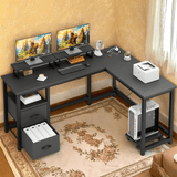 Lofka 66" L Shaped Desk with Drawers for Home Office, Computer Desk with Power Outlet, Gaming Desk Black