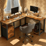 Lofka 66" L Shaped Desk with Drawers for Home Office, Computer Desk with Power Outlet, Gaming Desk Retro Brown