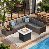 Lofka 7-Piece Outdoor Patio Furniture Set with Gas Fire Pit Table, Modular PE Wicker Sectional Sofa, Gray Cushions and Glass-Top Side Table, Outdoor Sofa