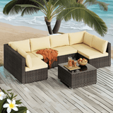 Lofka 7 Piece Rattan Patio Furniture Set , Outdoor Wicker Sectional Furniture Set with Cushions and Glass Coffee Table for Patio,Garden,Backyard, Beige