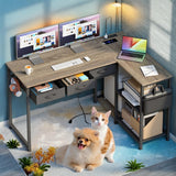 53" L Shaped Desk,Lofka Gaming Desk with Power Outlets & USB - Fabric Drawers, Storage Shelves, Gray