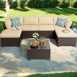 Lofka 7 Pieces Outdoor Furniture Set with Rattan Seating Sofa Set for 6 with Tempered Glass Table for Patio, Garden & Backyard, Beige