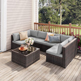 Lofka 7 Pieces Outdoor Patio Furniture Set - PE Rattan Sectional Sofa with Tempered Glass Coffee Table & All-Weather Cushions, Patio Conversation Set for Garden, Poolside (Grey)
