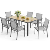 7 Pieces Outdoor Patio Dining Furniture Set Lofka Patio Conversation Set with 60” Rectangular Table and 6 Stackable High Back Armchairs, Gray