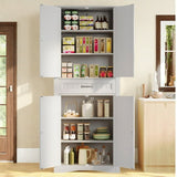 Lofka-71in Kitchen Food Storage Cabinet with Upper and Lower Doors and Split Drawer Design, White
