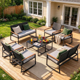 Lofka 8 Piece Outdoor Conversation Set Large PE Rattan Patio Furniture Set with 2 Loveseats, 4 Rocking Chairs & 2 Glass Coffee Tables, Gray Cushions for Backyard Deck