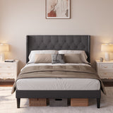 Lofka Bed Frame Full Size with with Button Tufted Headboard, Bed Frame with Mute Bars Design, Dark Gray