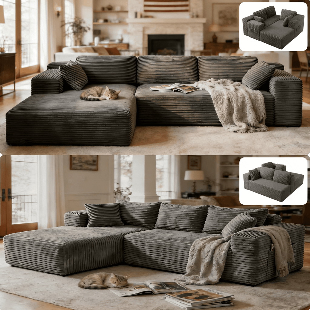 Sofa, Lofka 105" Free Assembly L-Shaped Sectional with Pet Friendly Corduroy Fabric, Gray for Living Room/Apartment