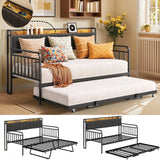 Lofka Daybed with Charging Station, Twin Metal Daybed with Pop Up Trundle Bed, Metal Sofa Bed Frame with Steel Slat Support for Living Room, Bedroom and Guest Room,Grey