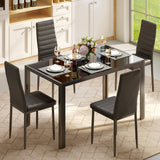 Dining Table Set for 4, Lofka Modern Glass Kitchen Table and 4 PU Leather Chairs, Breakfast Nook, Black