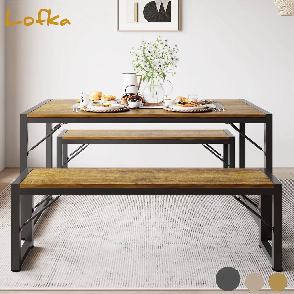 Lofka Dining Table Set for 4 with Benches - Solid Wood Kitchen Table for Small Spaces, Breakfast Nook & Apartments (Vintage Brown)