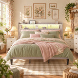 King Bed Frame with Upholstered LED Headboard, Lofka Beige King Size Platform Bed with USB Charging and Bookcase Storage