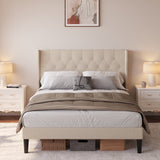 Lofka Full Size Bed Frame with Button Tufted Wing Back Headboard, Beige