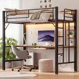 Loft Bed Twin Size, Lofka Heavy Duty Metal Twin Bed Frame with Writing Desk and LED Lights, Loft Bed Frame with Charging Station and CPU Stand, Rustic Brown