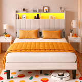 Lofka Full Size Bed Frame with Upholstered Headboard, Metal Bed Frame with Led Lights and Charging Station, App Control, Beige