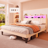Lofka Full Size Bed Frame with Upholstered Headboard, Metal Bed Frame with Led Lights and Charging Station, App Control, Beige