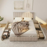 Lofka Full Size Platform Bed Frame with Adjustable Upholstered Headboard and Storage Drawers, Beige
