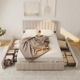 Lofka Platform Bed Frame with Adjustable Upholstered Headboard and Storage Drawers, Beige