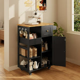 Lofka Kitchen Island Cart, Kitchen Island on Wheels with Drawers, Bar Cart with Adjustable Shelf, Removable Tray, 3 Side Hooks and Towel Rack for Dining Room, Black
