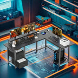 Lofka L Shaped Gaming Desk with Power Outlets, Computer Desk with Shelf and Drawers for Home /Office, Black