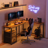 Lofka L Shaped Gaming Desk with Power Outlets, Computer Desk with Shelf and Drawers for Home /Office, Retro