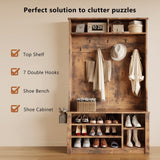 Wood Hall Tree with Bench, Lofka Coat Rack with Shoe Storage and Hooks, for Entryway|Living Room|Bedroom,Retro