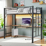 Lofka Loft Bed Twin Size, Heavy Duty Metal Bed Frames with Desk, Charging Sation, LED Lights, Storage ShelvesSafety Guard and Ladder, Black