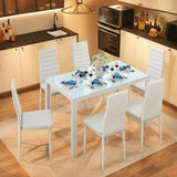 Lofka Modern 7 Piece Dining Table Sets for 6, Glass Kitchen Table with PU Leather Chair for Dining Room, White