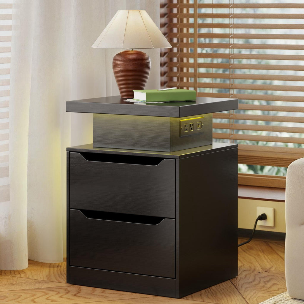 Lofka Modern Nightstand with Charging Station, RGB LED Light & Storage – Bedside Table with USB & AC Outlets, 2 Wooden Drawers, Multi-Color Remote Control, Easy Assembly