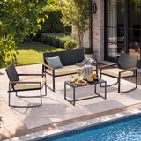Lofka Outdoor Conversation Set 4 Piece PE Rattan Patio Furniture Set with Rocking Chairs, Loveseat & Glass Coffee Table, Beige Cushions for Backyard Deck Porch