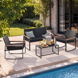 Lofka Outdoor Conversation Set 4 Piece PE Rattan Patio Furniture Set with Rocking Chairs, Loveseat & Glass Coffee Table, Black Cushions for Backyard Deck Porch