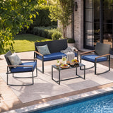 Lofka Outdoor Conversation Set 4 Piece PE Rattan Patio Furniture Set with Rocking Chairs, Loveseat & Glass Coffee Table, Blue Cushions for Backyard Deck Porch